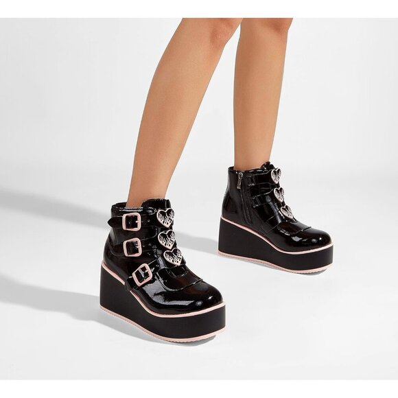 🆕 Goth Platform Chunky Ankle Boots Black Pink PU Wedge Zip Buckle Rave Booties - Picture 7 of 8